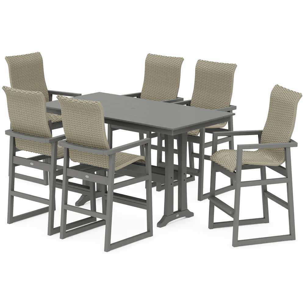 POLYWOOD® EDGE Woven Highback Arm Chair 7-Piece Farmhouse Bar Set with Trestle Legs - PWS2916-1