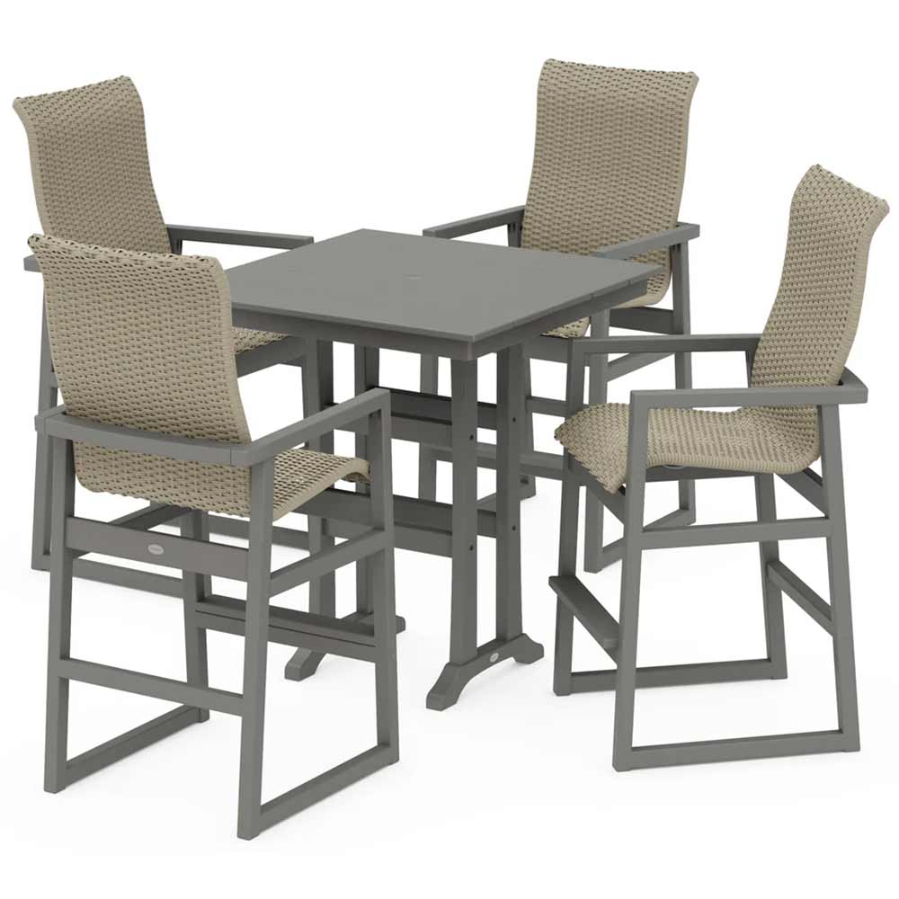 POLYWOOD® EDGE Woven Highback 5-Piece Farmhouse Bar Set with Trestle Legs - PWS2917-1