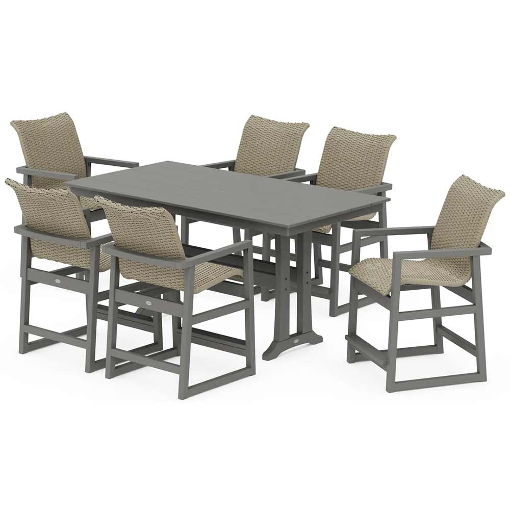 POLYWOOD® EDGE Woven Arm Chair 7-Piece Farmhouse Counter Set with Trestle Legs - PWS2905-1