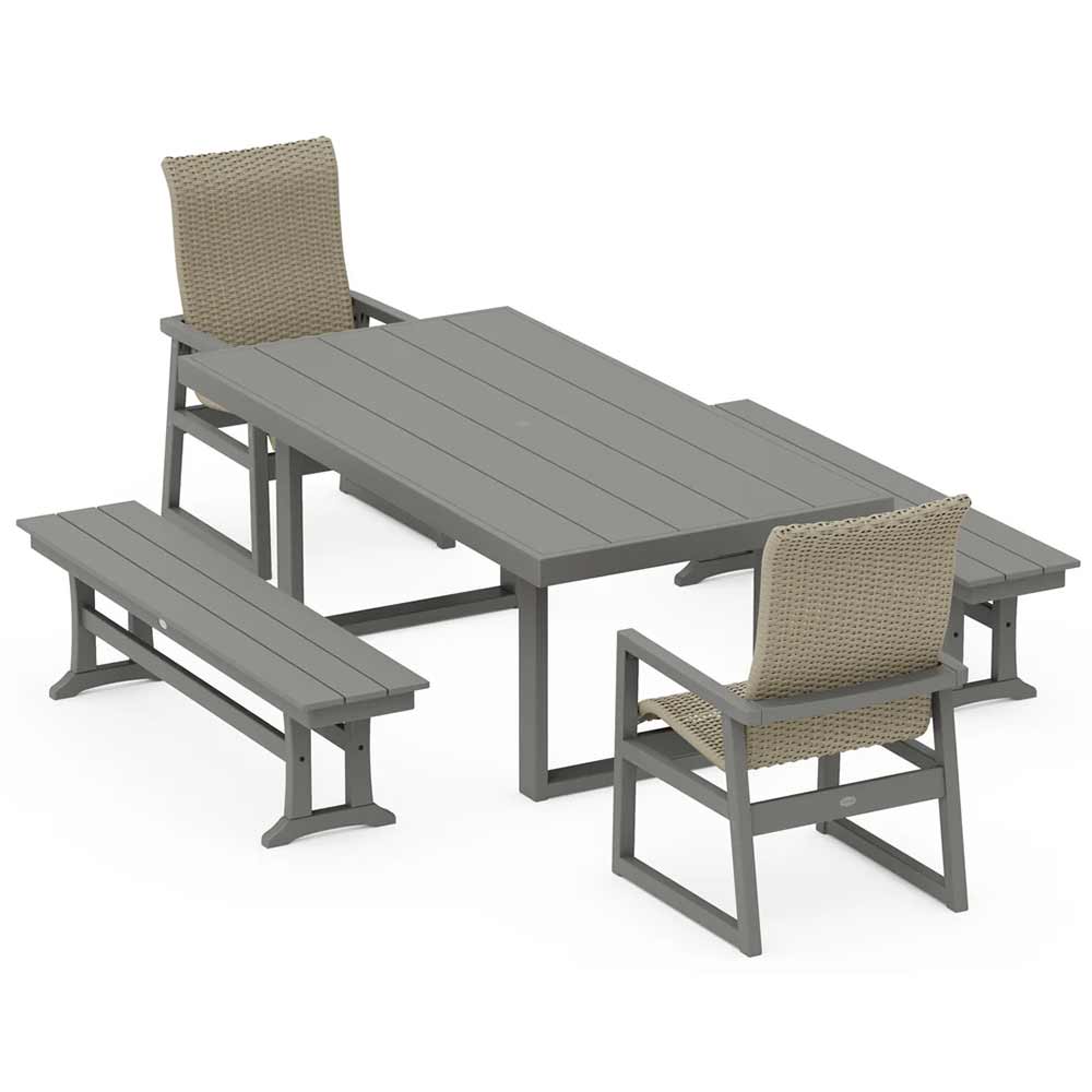 POLYWOOD® EDGE Woven Highback 5-Piece Dining Set with Benches - PWS2886-1