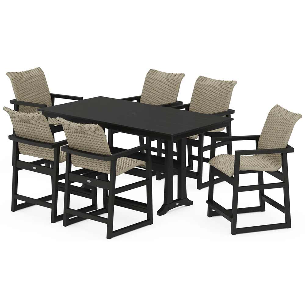 POLYWOOD® EDGE Woven Arm Chair 7-Piece Farmhouse Counter Set with Trestle Legs - PWS2905-1
