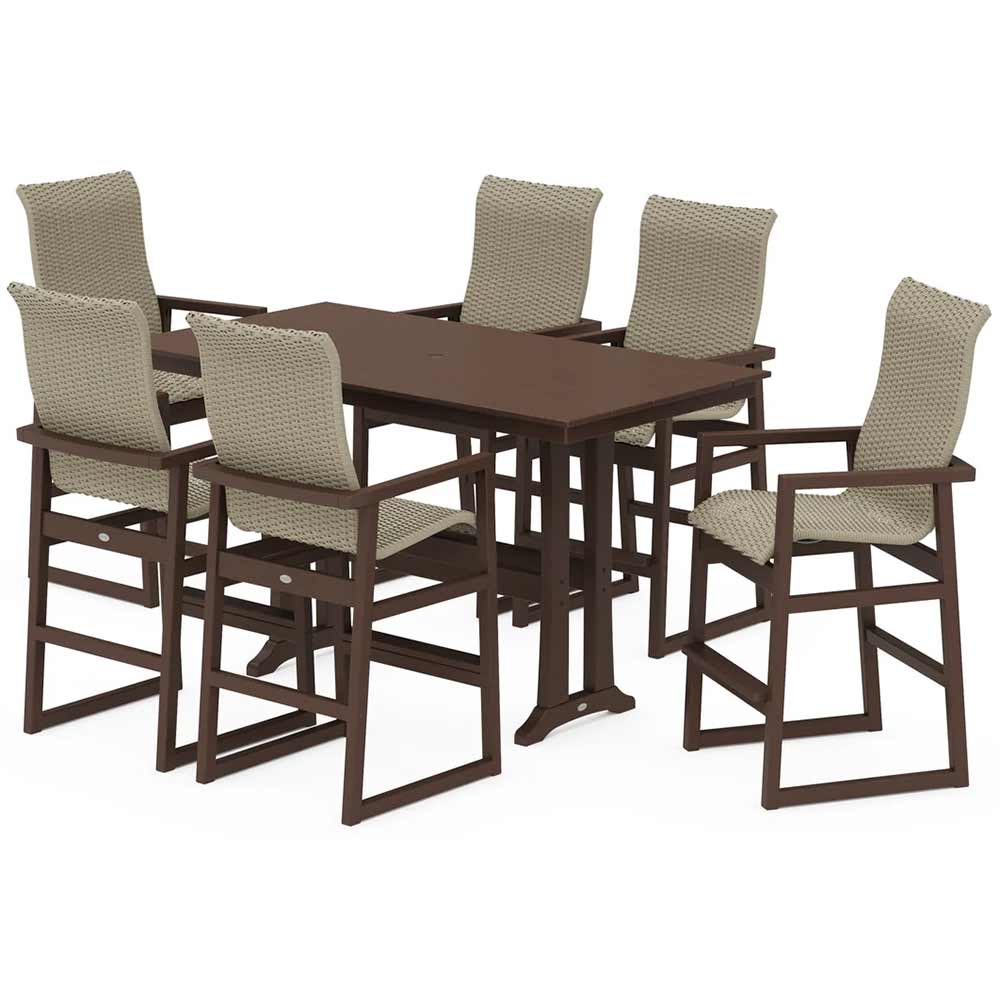 POLYWOOD® EDGE Woven Highback Arm Chair 7-Piece Farmhouse Bar Set with Trestle Legs - PWS2916-1