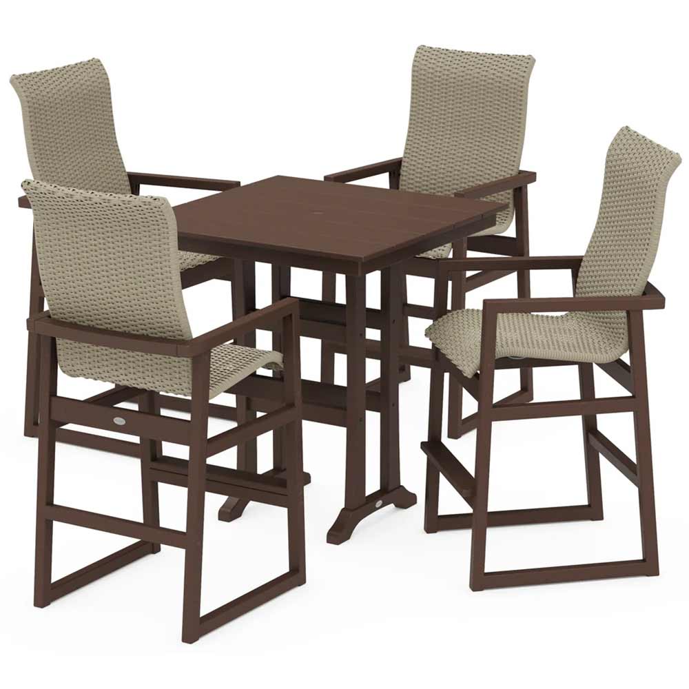 POLYWOOD® EDGE Woven Highback 5-Piece Farmhouse Bar Set with Trestle Legs - PWS2917-1