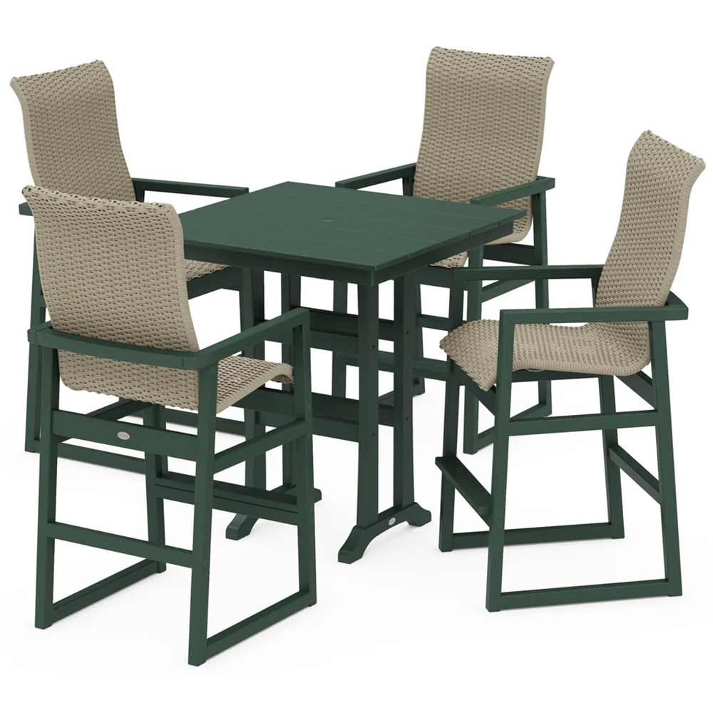 POLYWOOD® EDGE Woven Highback 5-Piece Farmhouse Bar Set with Trestle Legs - PWS2917-1
