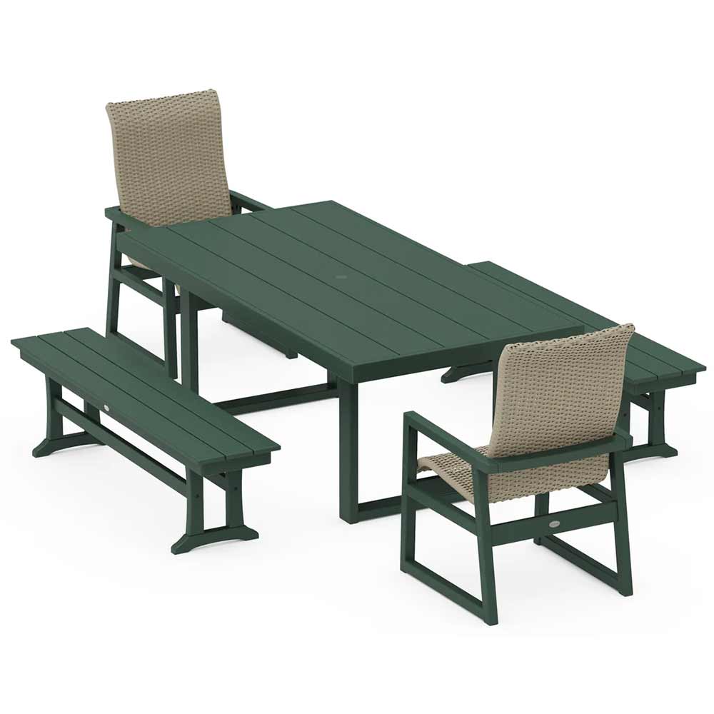 POLYWOOD® EDGE Woven Highback 5-Piece Dining Set with Benches - PWS2886-1