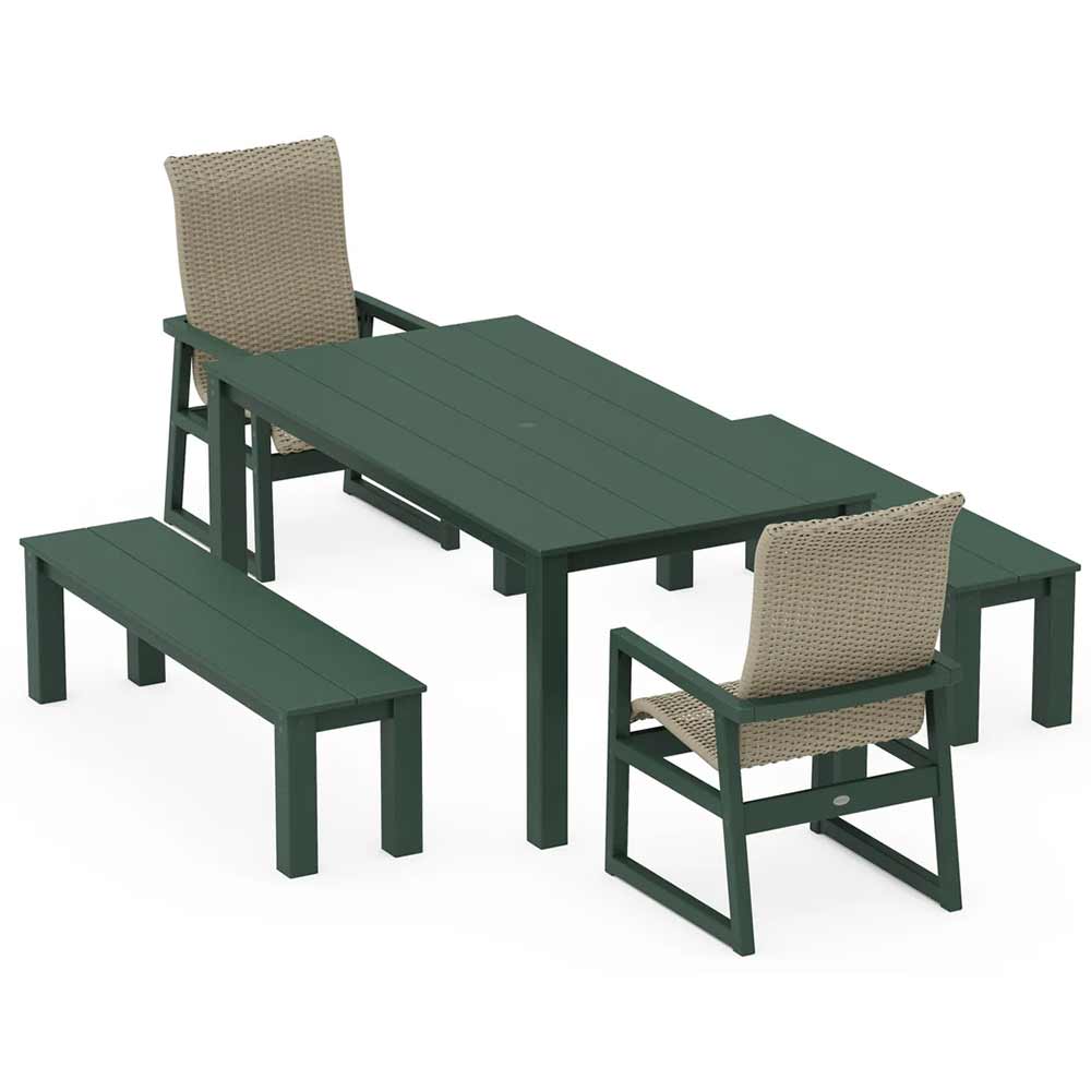 POLYWOOD® EDGE Woven Highback 5-Piece Parsons Dining Set with Benches - PWS2907-1