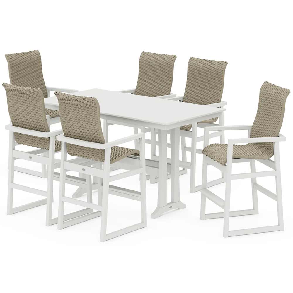 POLYWOOD® EDGE Woven Highback Arm Chair 7-Piece Farmhouse Bar Set with Trestle Legs - PWS2916-1