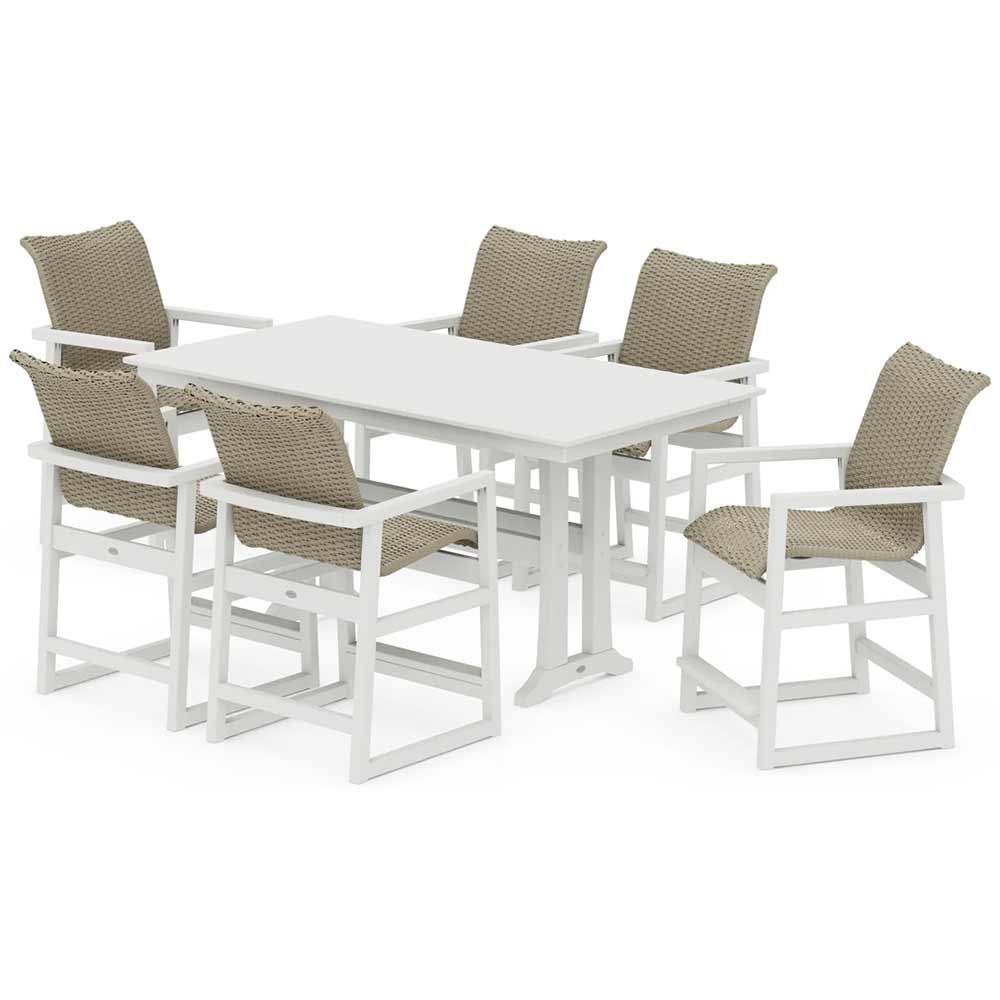 POLYWOOD® EDGE Woven Arm Chair 7-Piece Farmhouse Counter Set with Trestle Legs - PWS2905-1