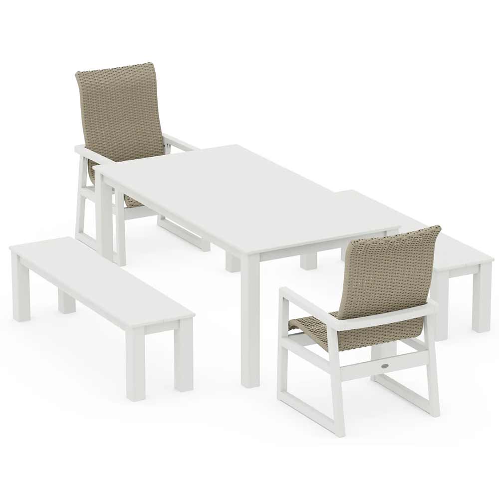 POLYWOOD® EDGE Woven Highback 5-Piece Parsons Dining Set with Benches - PWS2907-1