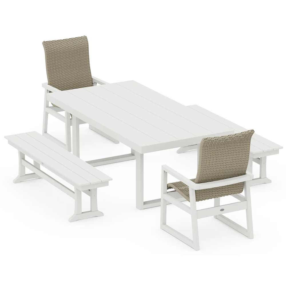 POLYWOOD® EDGE Woven Highback 5-Piece Dining Set with Benches - PWS2886-1