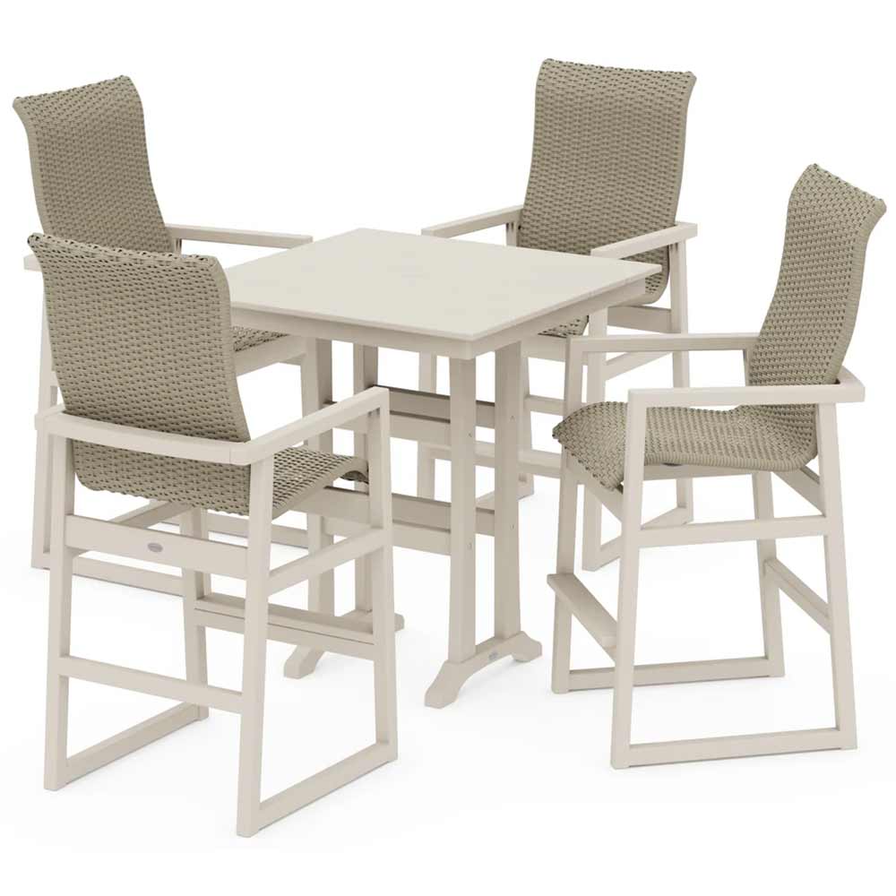 POLYWOOD® EDGE Woven Highback 5-Piece Farmhouse Bar Set with Trestle Legs - PWS2917-1
