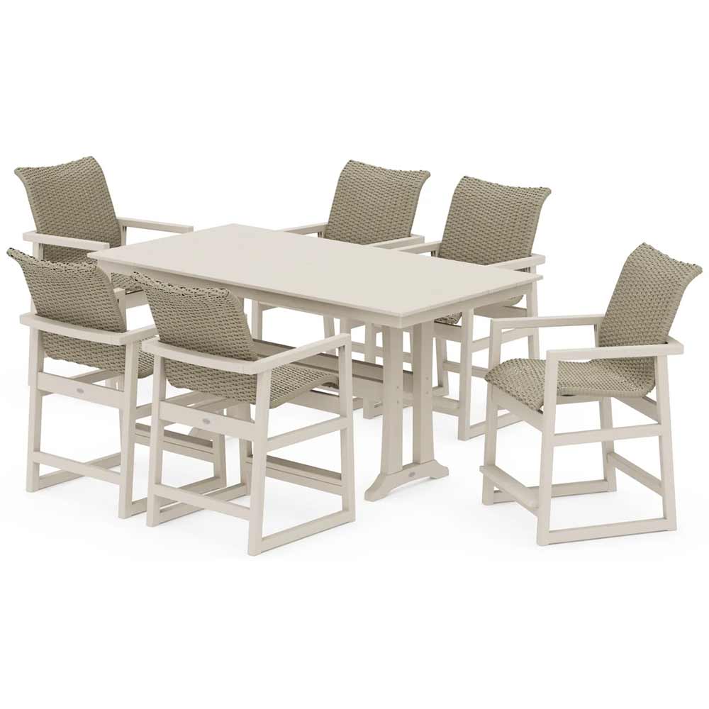 POLYWOOD® EDGE Woven Arm Chair 7-Piece Farmhouse Counter Set with Trestle Legs - PWS2905-1
