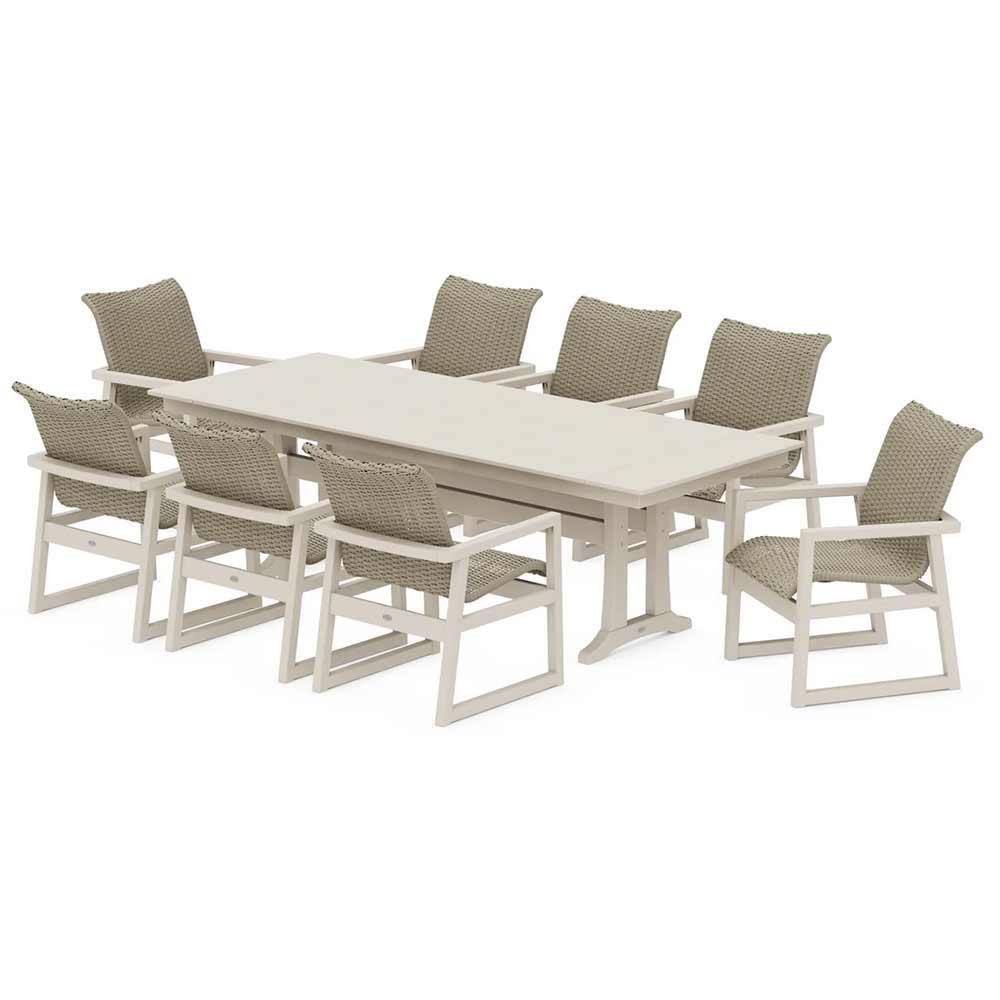 POLYWOOD® EDGE Woven 9-Piece Farmhouse Dining Set with Trestle Legs - PWS2876-1