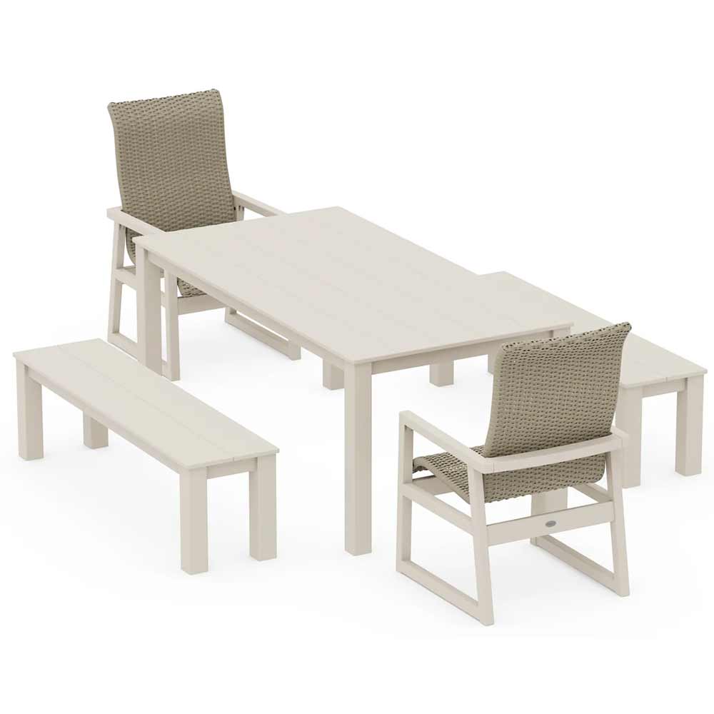 POLYWOOD® EDGE Woven Highback 5-Piece Parsons Dining Set with Benches - PWS2907-1