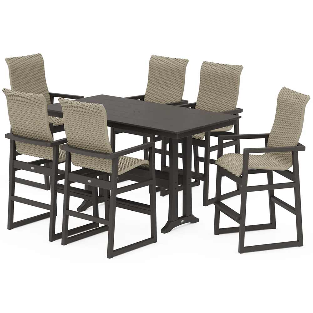 POLYWOOD® EDGE Woven Highback Arm Chair 7-Piece Farmhouse Bar Set with Trestle Legs - PWS2916-1