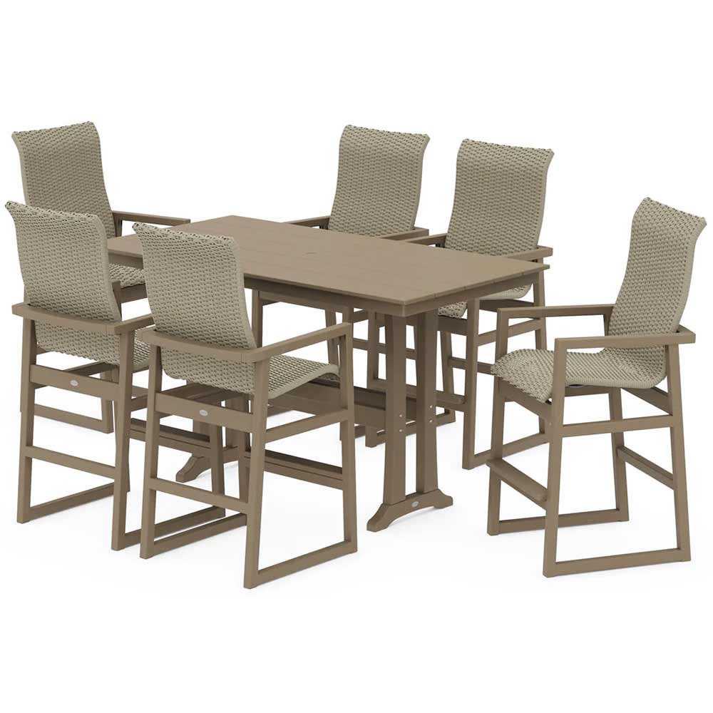 POLYWOOD® EDGE Woven Highback Arm Chair 7-Piece Farmhouse Bar Set with Trestle Legs - PWS2916-1