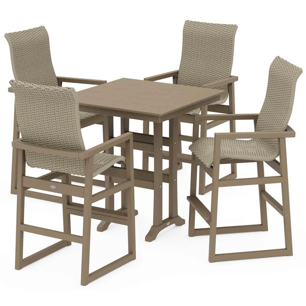 POLYWOOD® EDGE Woven Highback 5-Piece Farmhouse Bar Set with Trestle Legs - PWS2917-1