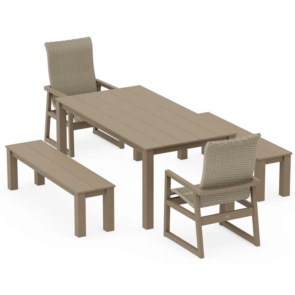 POLYWOOD® EDGE Woven Highback 5-Piece Parsons Dining Set with Benches - PWS2907-1