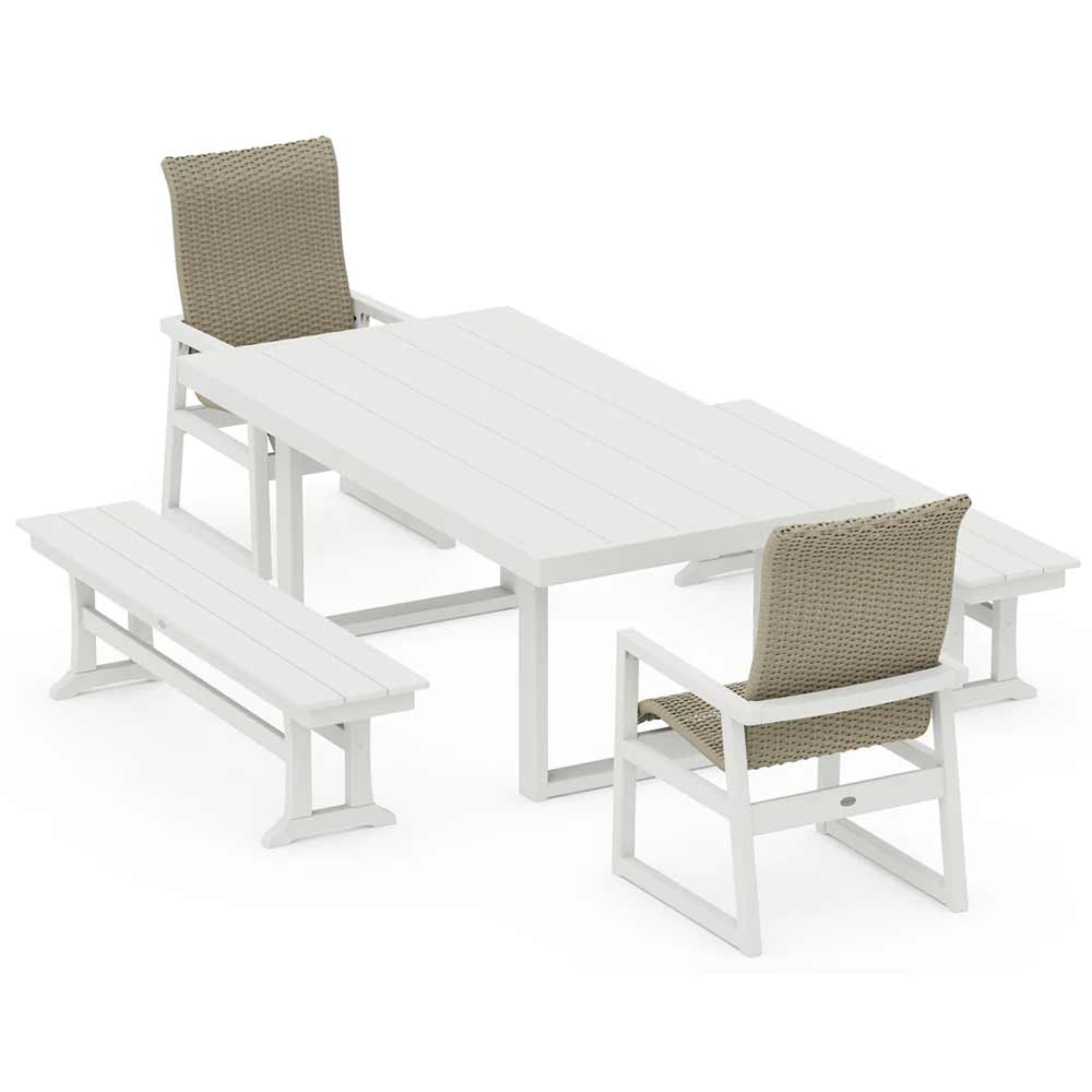 POLYWOOD® EDGE Woven Highback 5-Piece Dining Set with Benches - PWS2886-1