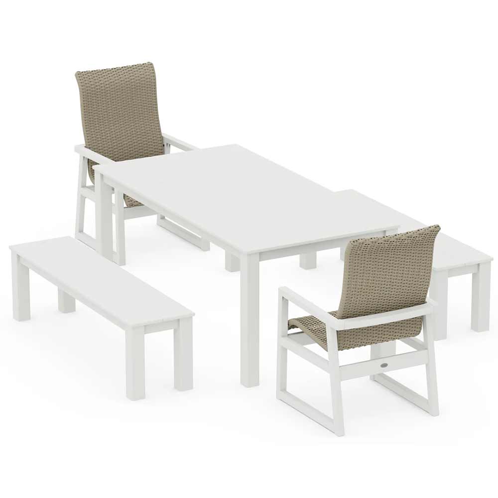 POLYWOOD® EDGE Woven Highback 5-Piece Parsons Dining Set with Benches - PWS2907-1