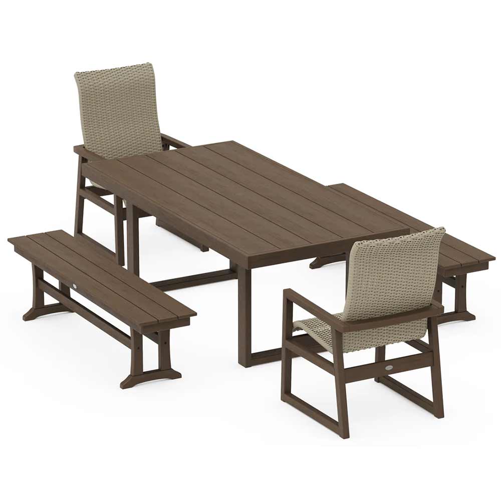 POLYWOOD® EDGE Woven Highback 5-Piece Dining Set with Benches - PWS2886-1