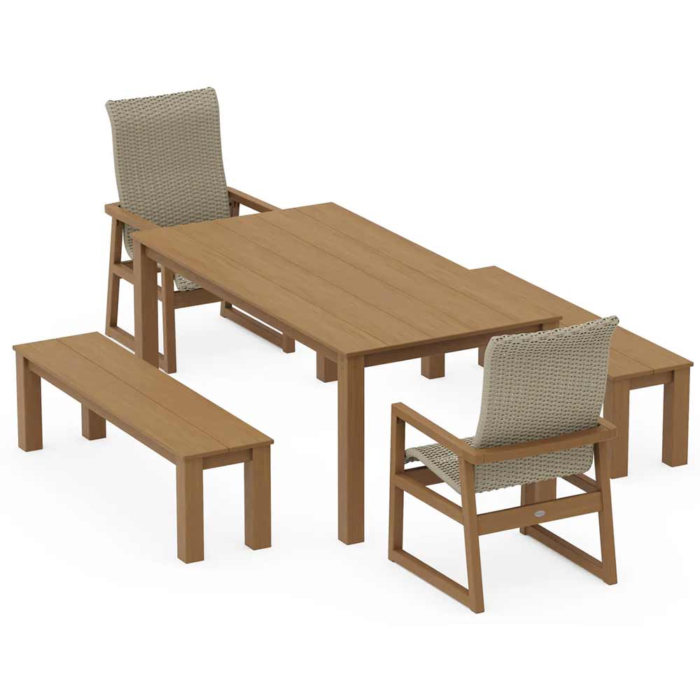 POLYWOOD® EDGE Woven Highback 5-Piece Parsons Dining Set with Benches - PWS2907-1