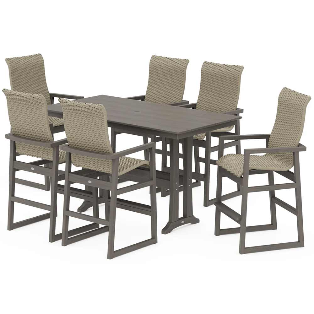 POLYWOOD® EDGE Woven Highback Arm Chair 7-Piece Farmhouse Bar Set with Trestle Legs - PWS2916-1
