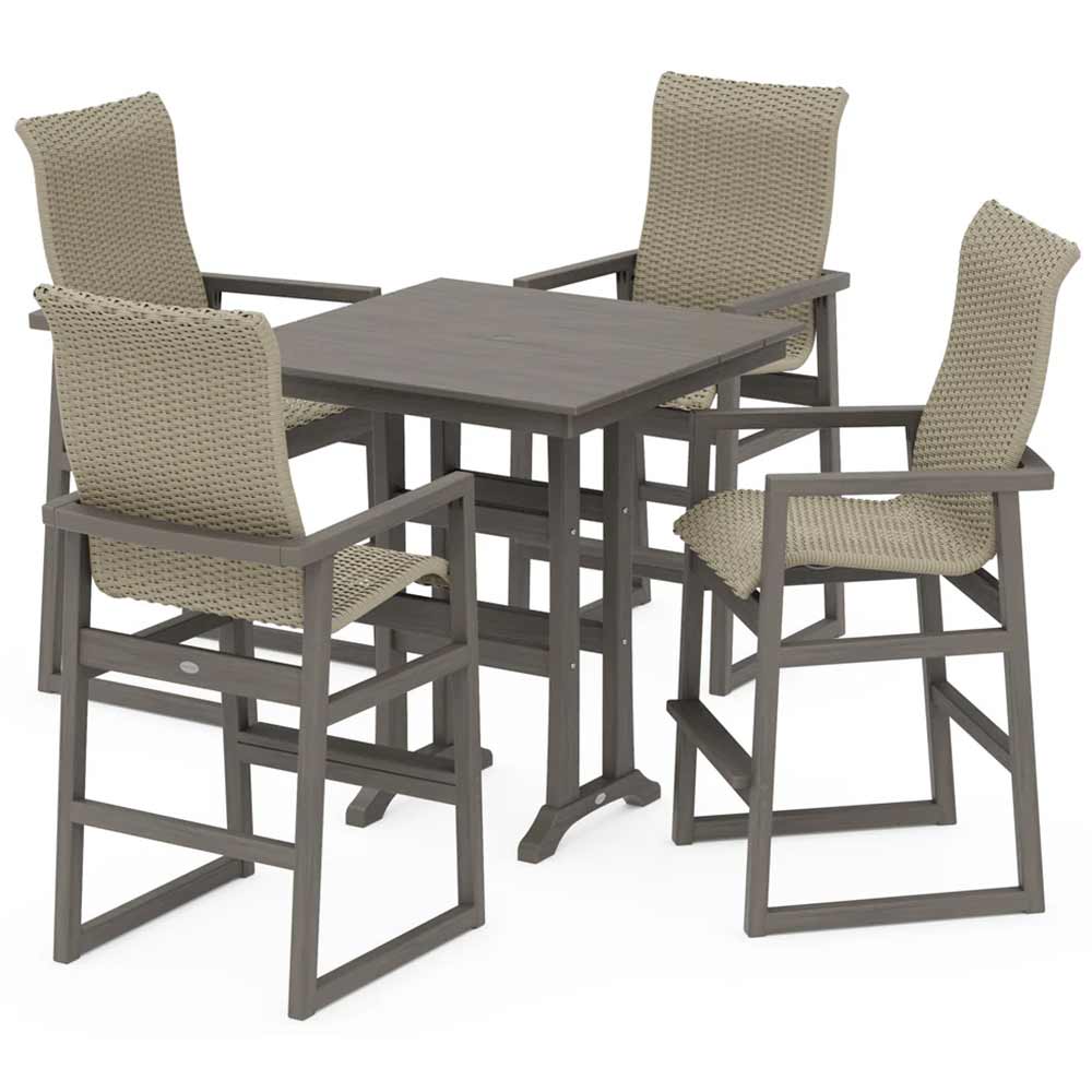 POLYWOOD® EDGE Woven Highback 5-Piece Farmhouse Bar Set with Trestle Legs - PWS2917-1