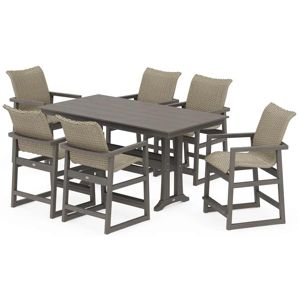 POLYWOOD® EDGE Woven Arm Chair 7-Piece Farmhouse Counter Set with Trestle Legs - PWS2905-1