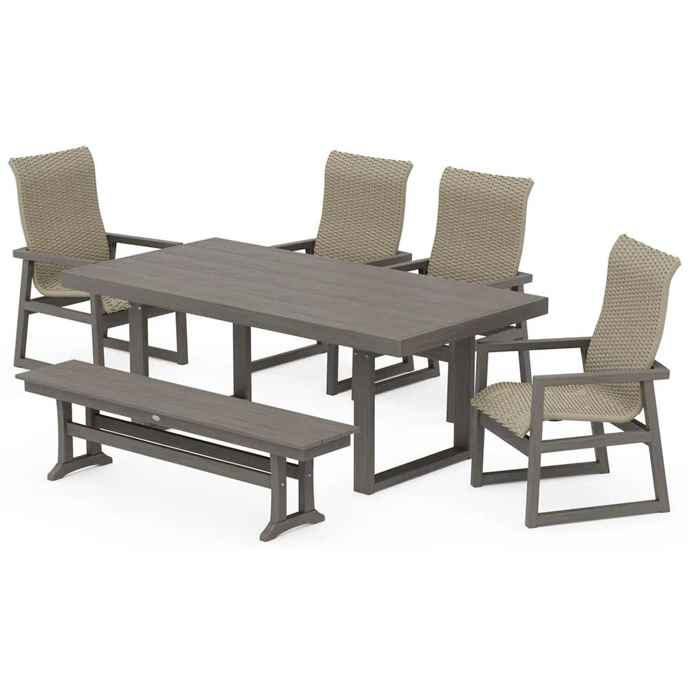 POLYWOOD® EDGE Woven Highback 6-Piece Dining Set with Bench - PWS2884-1