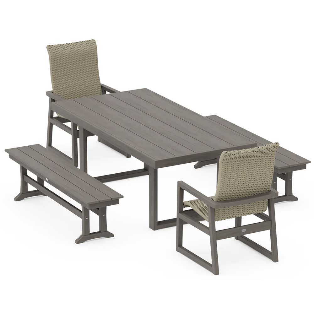 POLYWOOD® EDGE Woven Highback 5-Piece Dining Set with Benches - PWS2886-1