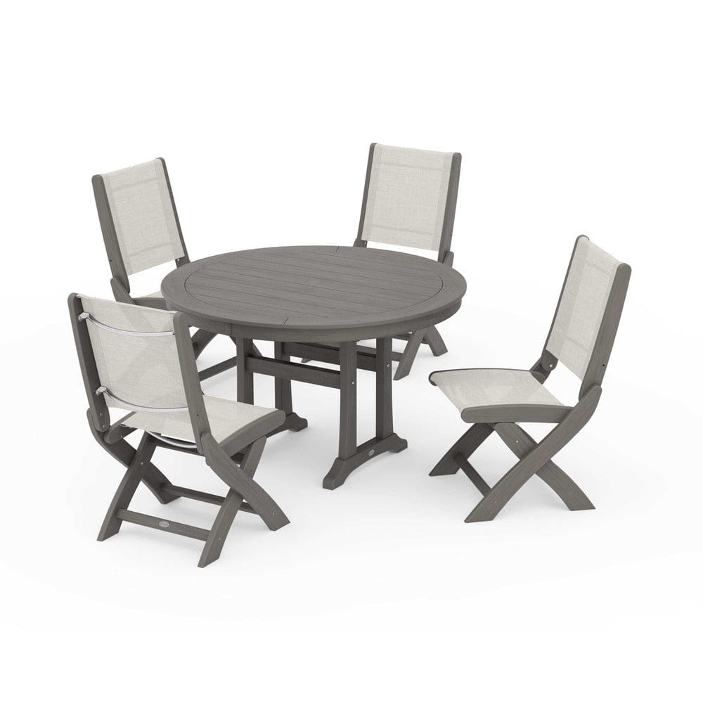 POLYWOOD® - Coastal Folding Side Chair 5-Piece Round Dining Set With Trestle Legs - PWS1121 Outdoor Furniture POLYWOOD®