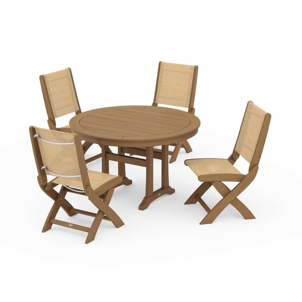 POLYWOOD® - Coastal Folding Side Chair 5-Piece Round Dining Set With Trestle Legs - PWS1121