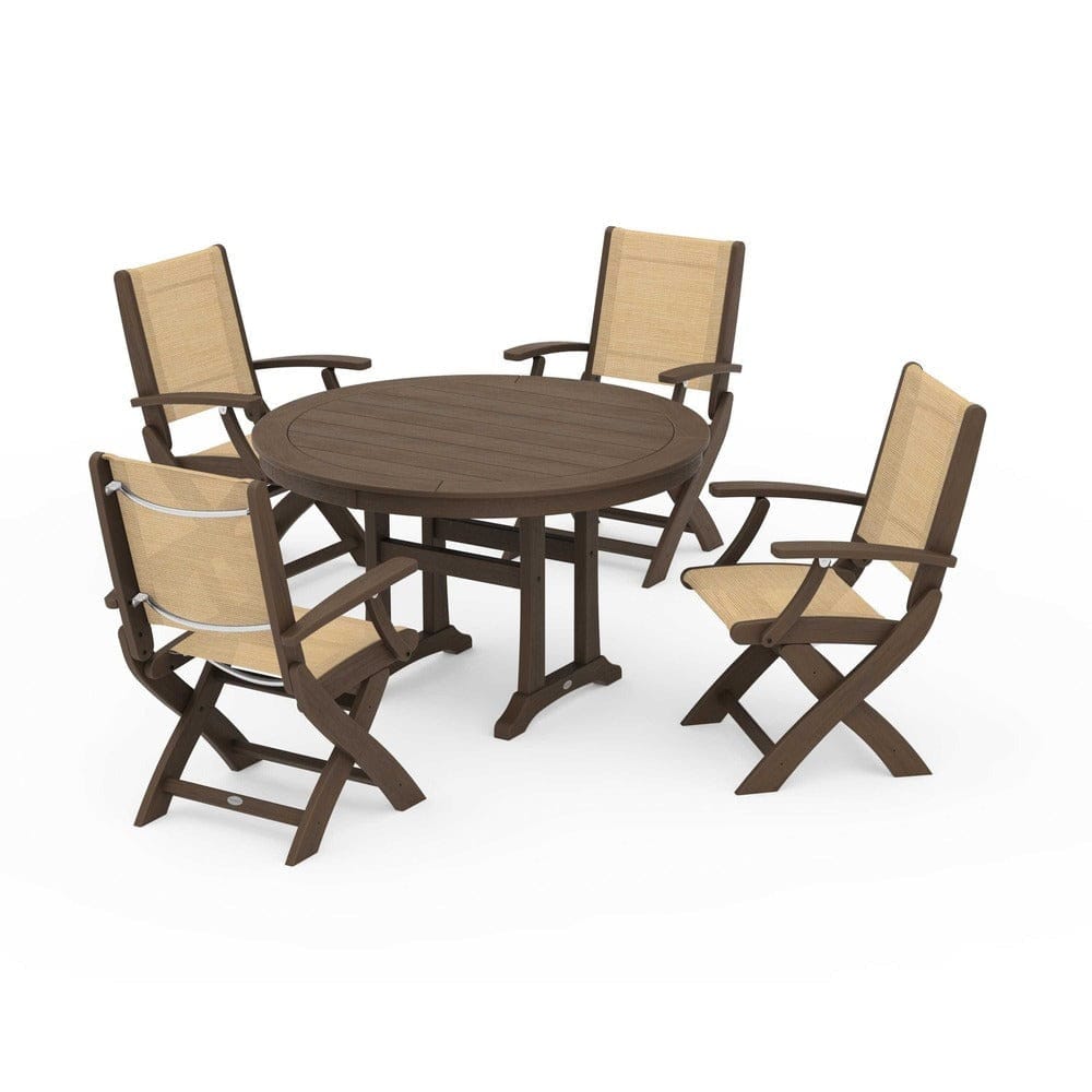 POLYWOOD® - Coastal Folding Chair 5-Piece Round Dining Set with Trestle Legs - PWS1120 Outdoor Furniture POLYWOOD®