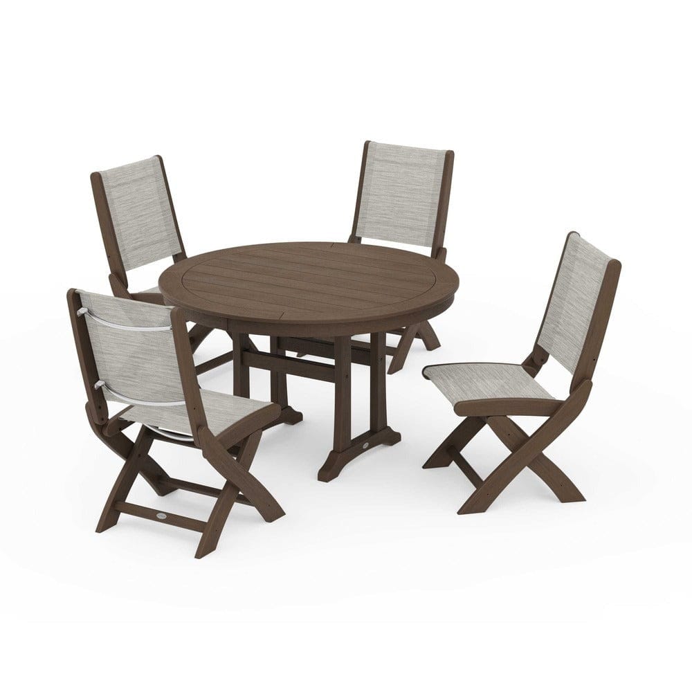 POLYWOOD® - Coastal Folding Side Chair 5-Piece Round Dining Set With Trestle Legs - PWS1121 Outdoor Furniture POLYWOOD®