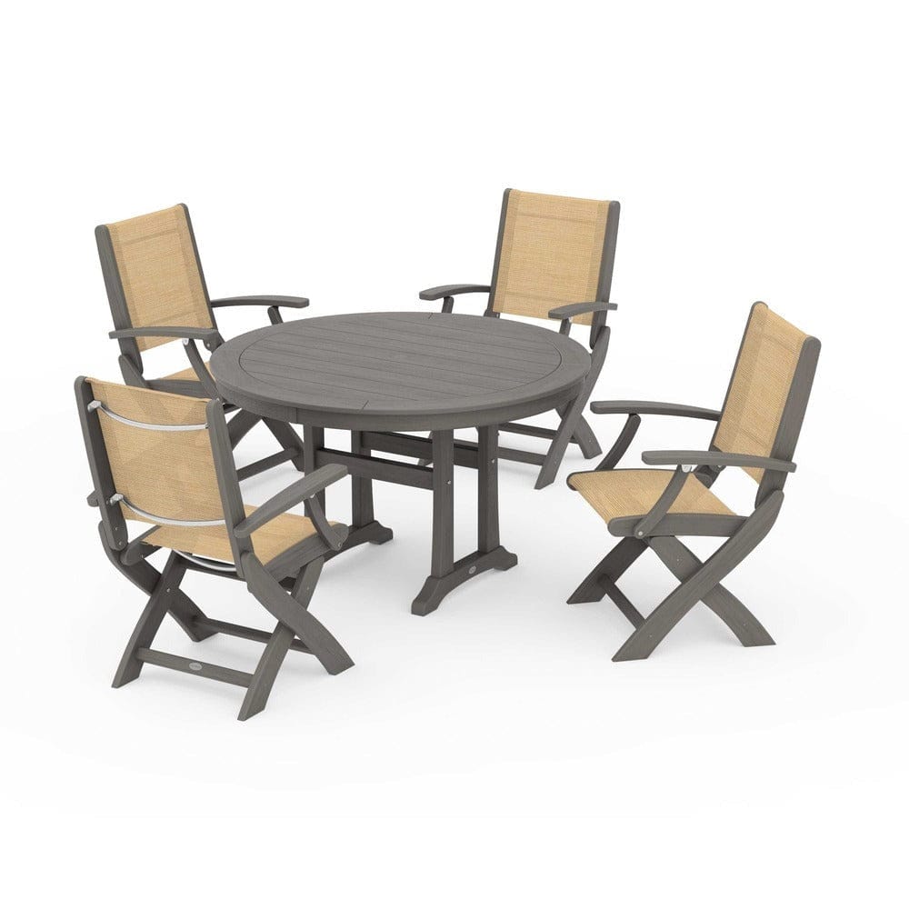 POLYWOOD® - Coastal Folding Chair 5-Piece Round Dining Set with Trestle Legs - PWS1120