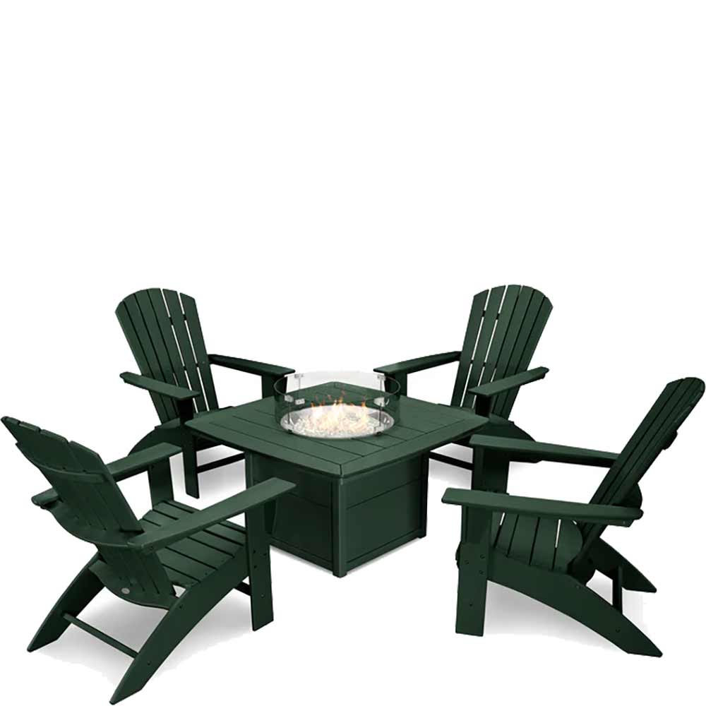 POLYWOOD® Nautical Curveback Adirondack 5-Piece Conversation Set with Fire Pit Table - PWS409-1 Fire Table POLYWOOD®