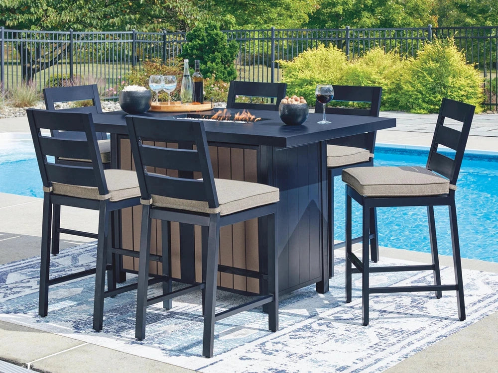 Ashley Furniture Mabry Shores Outdoor Fire Pit Table and 6 Barstools