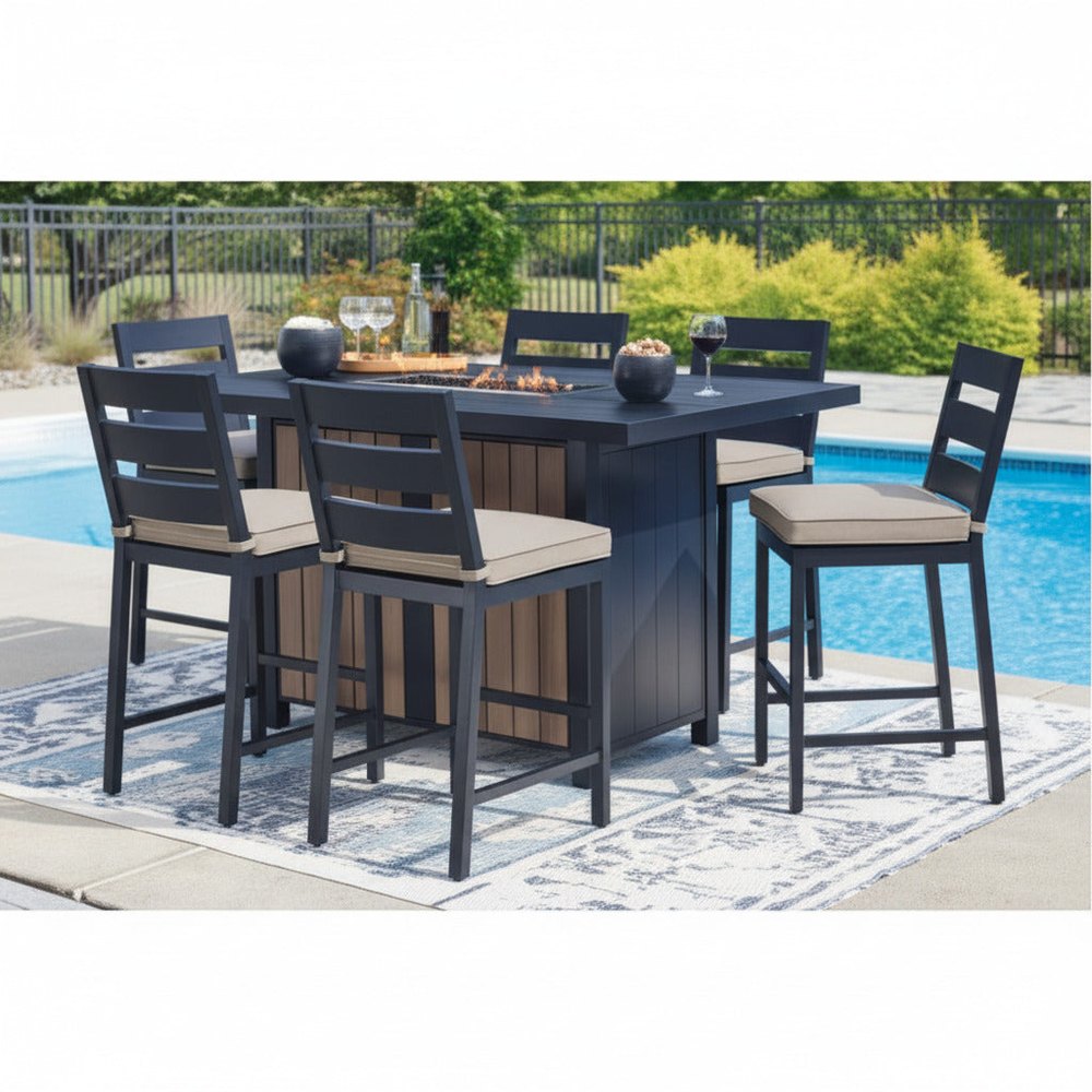 Ashley Furniture Mabry Shores Outdoor Fire Pit Table and 6 Barstools Dining Set Ashley Furniture