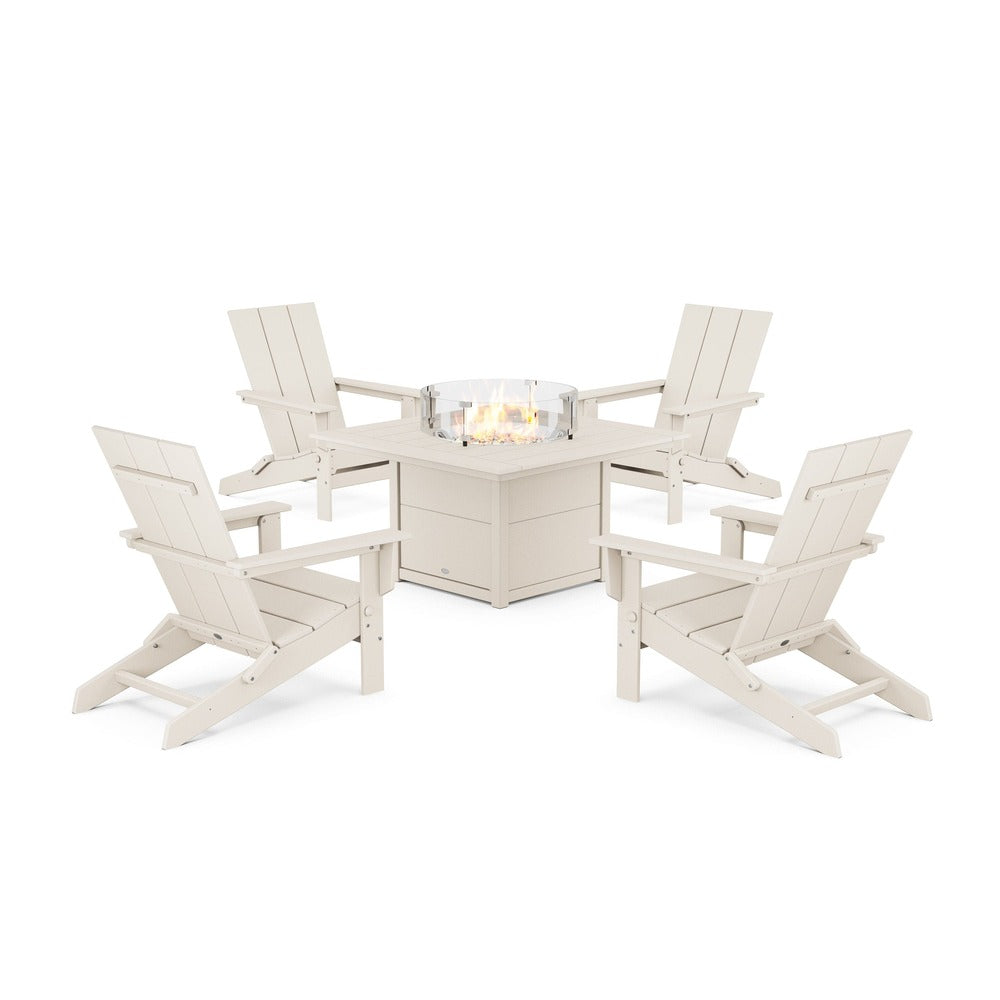 POLYWOOD® 5-Piece Modern Studio Folding Adirondack Conversation Set with Fire Pit Table - PWS1976-1 Dining Set POLYWOOD®
