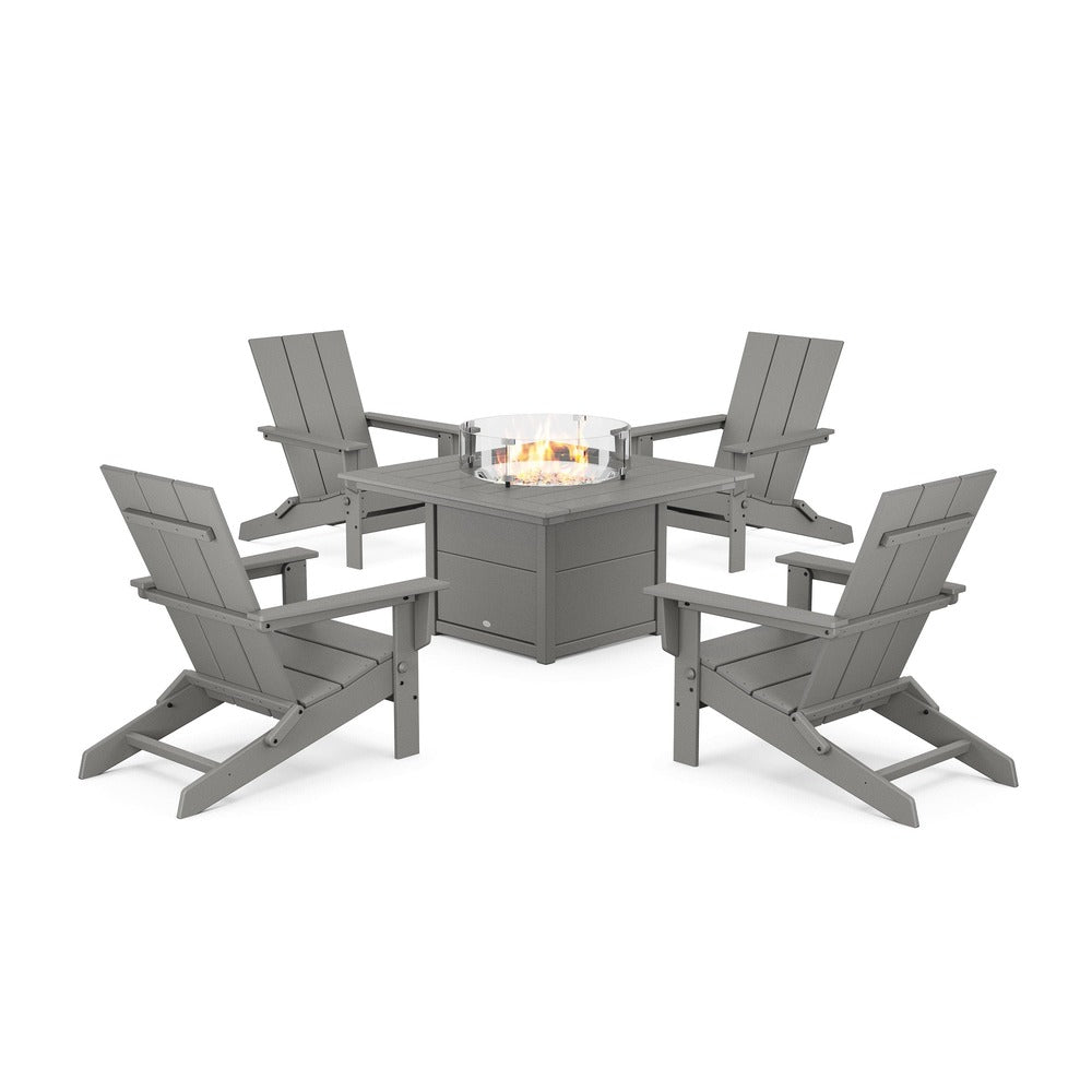 POLYWOOD® 5-Piece Modern Studio Folding Adirondack Conversation Set with Fire Pit Table - PWS1976-1 Dining Set POLYWOOD®