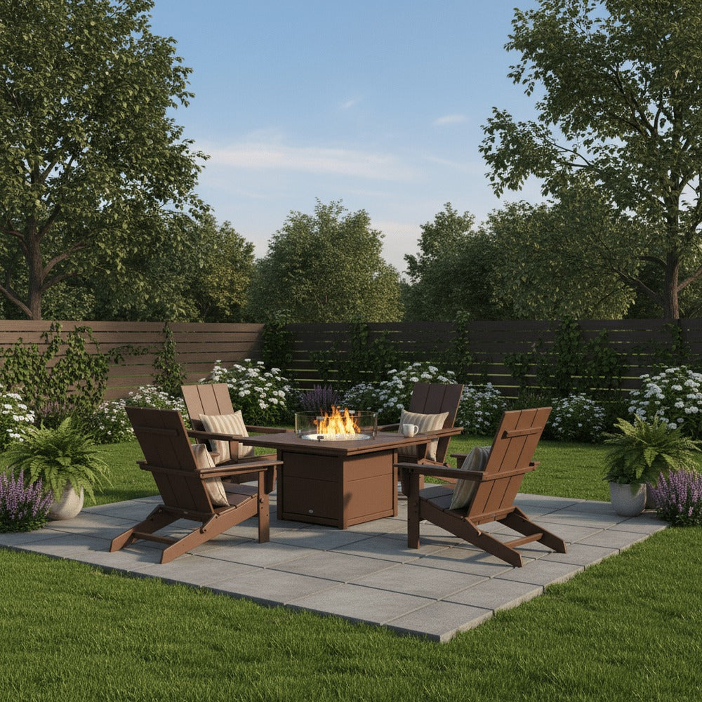 POLYWOOD® 5-Piece Modern Studio Folding Adirondack Conversation Set with Fire Pit Table - PWS1976-1 Dining Set POLYWOOD®