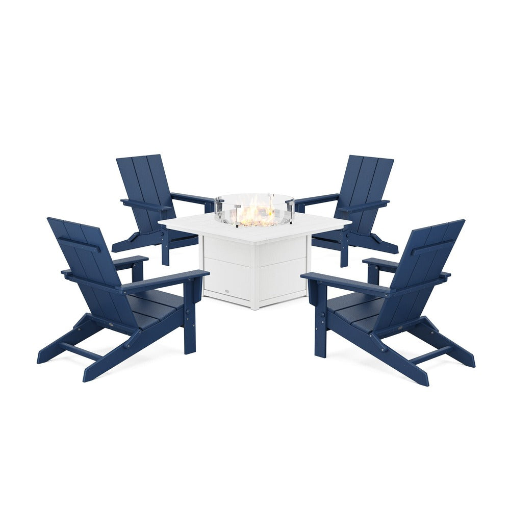 POLYWOOD® 5-Piece Modern Studio Folding Adirondack Conversation Set with Fire Pit Table - PWS1976-1 Dining Set POLYWOOD®