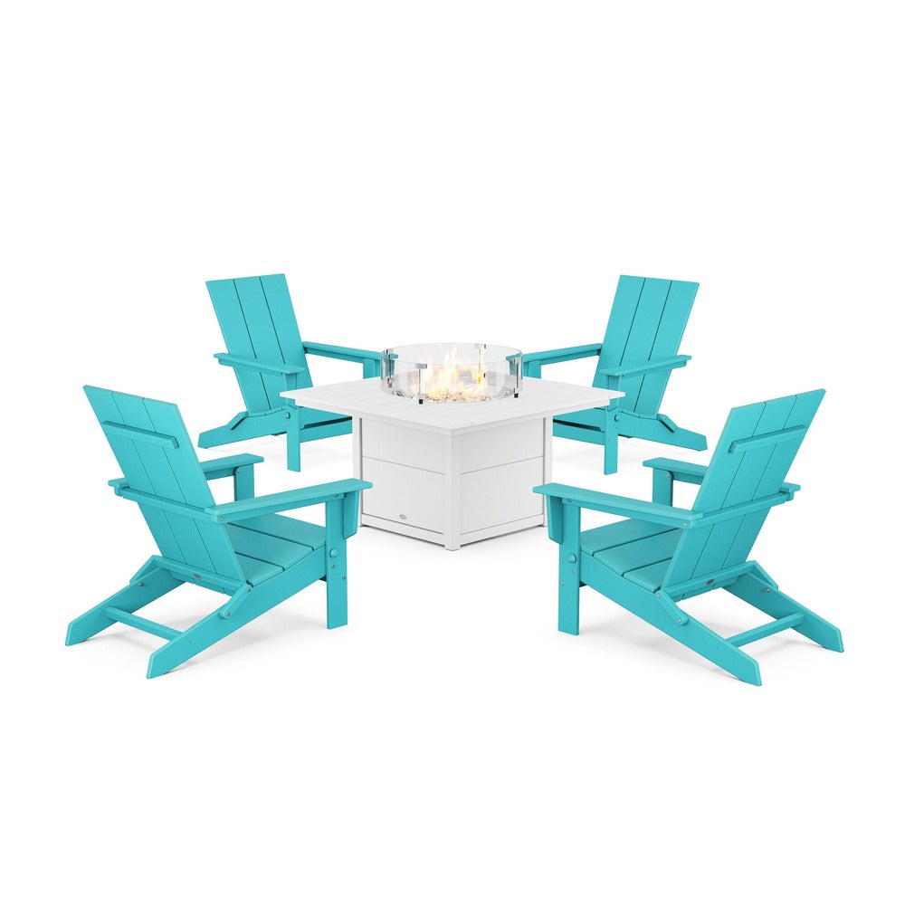 POLYWOOD® 5-Piece Modern Studio Folding Adirondack Conversation Set with Fire Pit Table - PWS1976-1 Dining Set POLYWOOD®