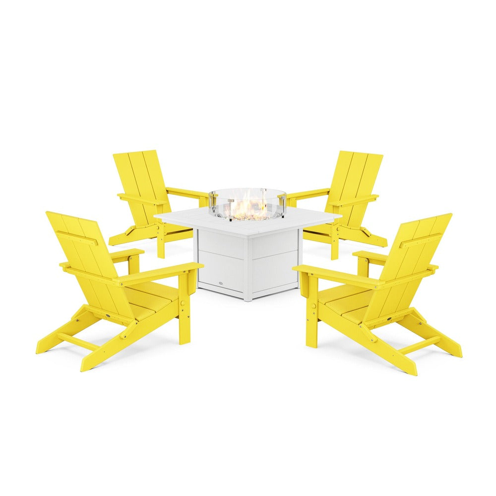 POLYWOOD® 5-Piece Modern Studio Folding Adirondack Conversation Set with Fire Pit Table - PWS1976-1 Dining Set POLYWOOD®