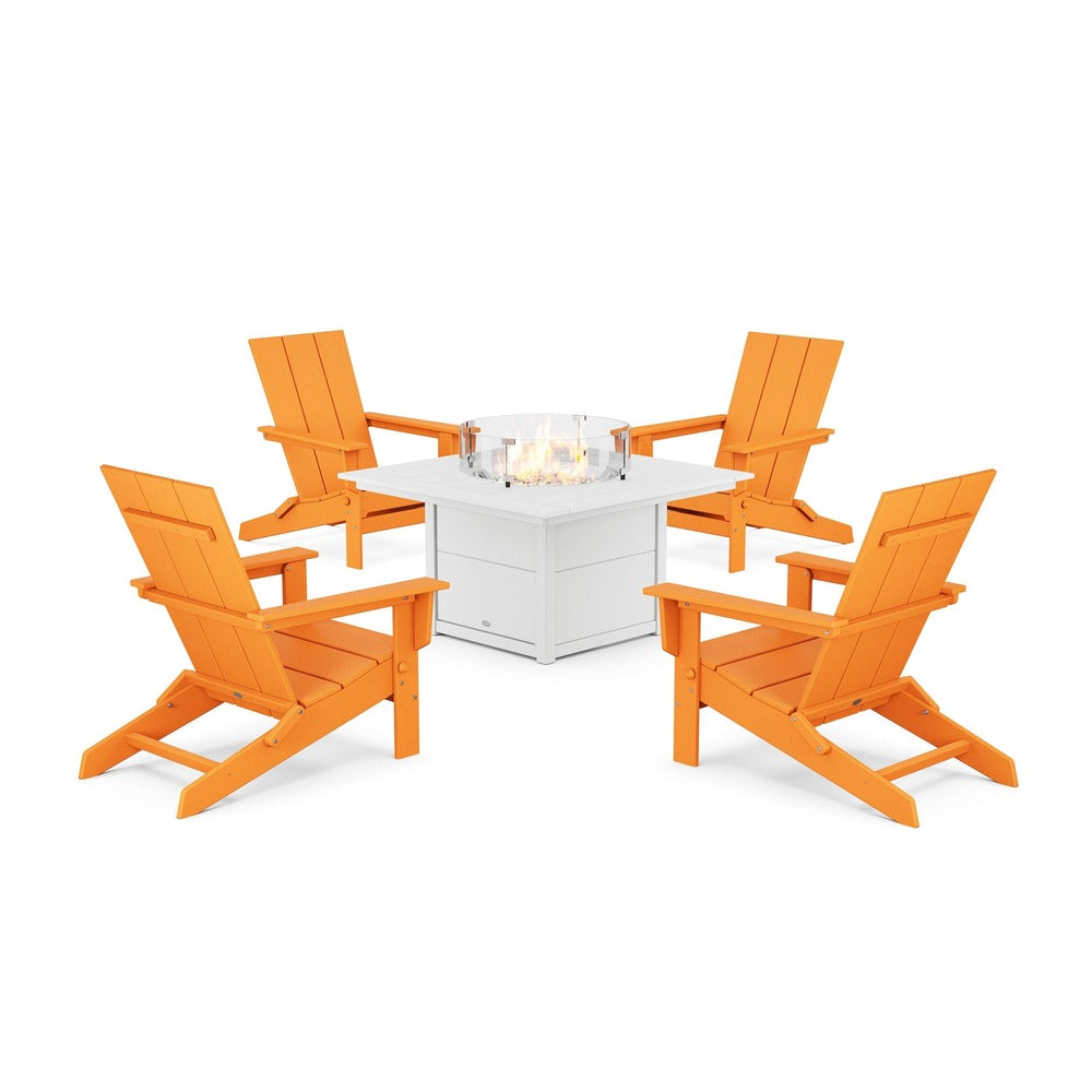 POLYWOOD® 5-Piece Modern Studio Folding Adirondack Conversation Set with Fire Pit Table - PWS1976-1 Dining Set POLYWOOD®