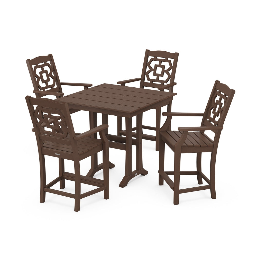 Chinoiserie 5-Piece Farmhouse Counter Set with Trestle Legs - Mahogany
