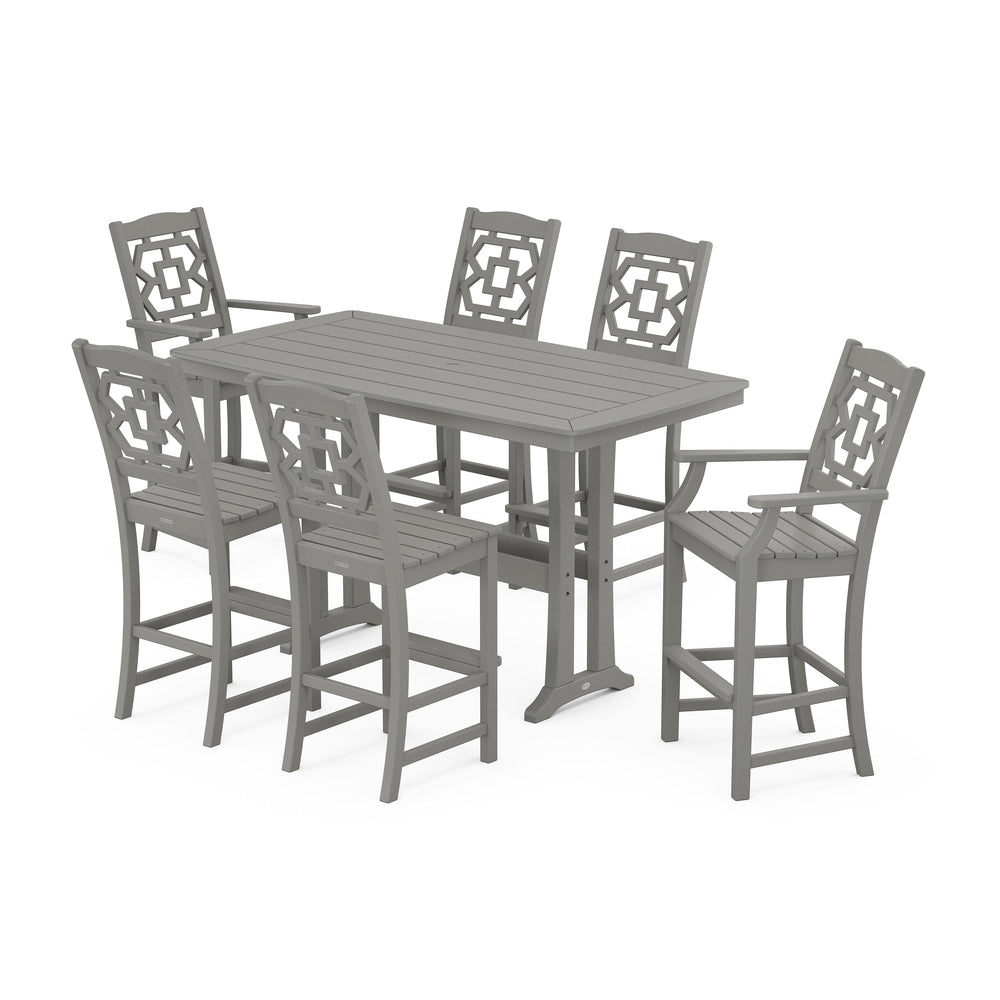 Chinoiserie 7-Piece Bar Set with Trestle Legs - Slate Grey
