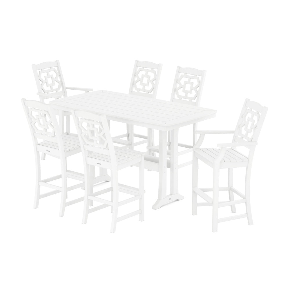 Chinoiserie 7-Piece Bar Set with Trestle Legs - White