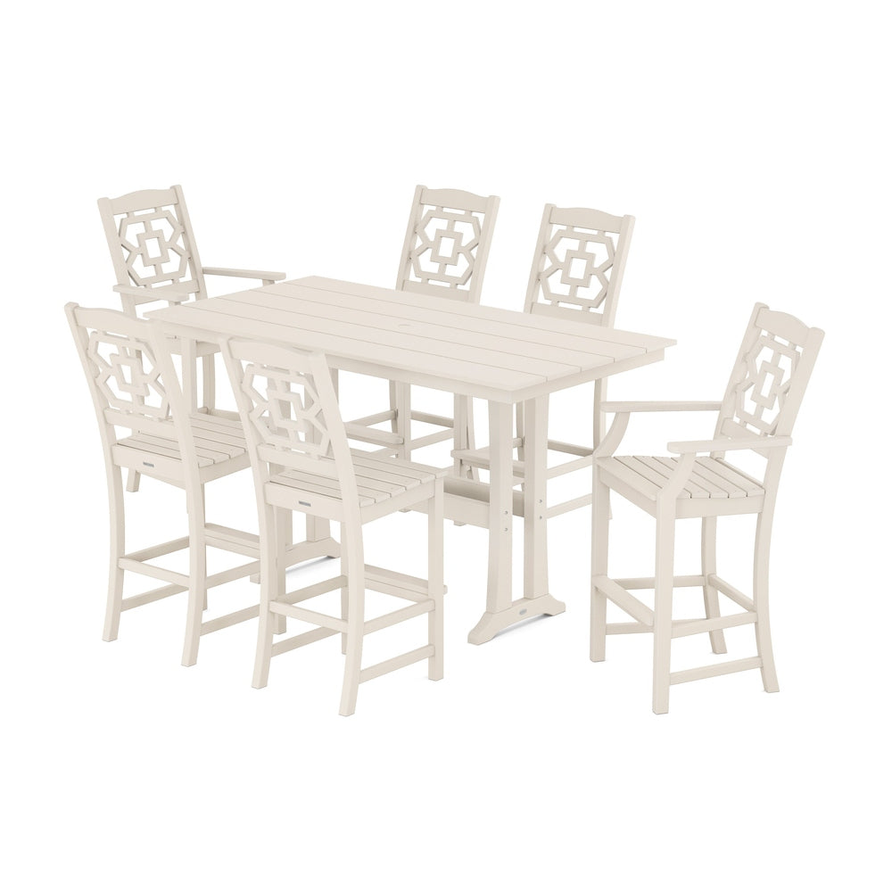 Chinoiserie 7-Piece Farmhouse Bar Set with Trestle Legs - Sand